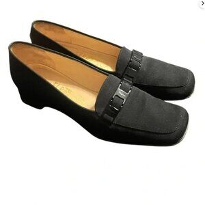 Salvatore Ferragamo Black Canvas Loafers With 1.5" Heels & Metal Accent Size 7 A